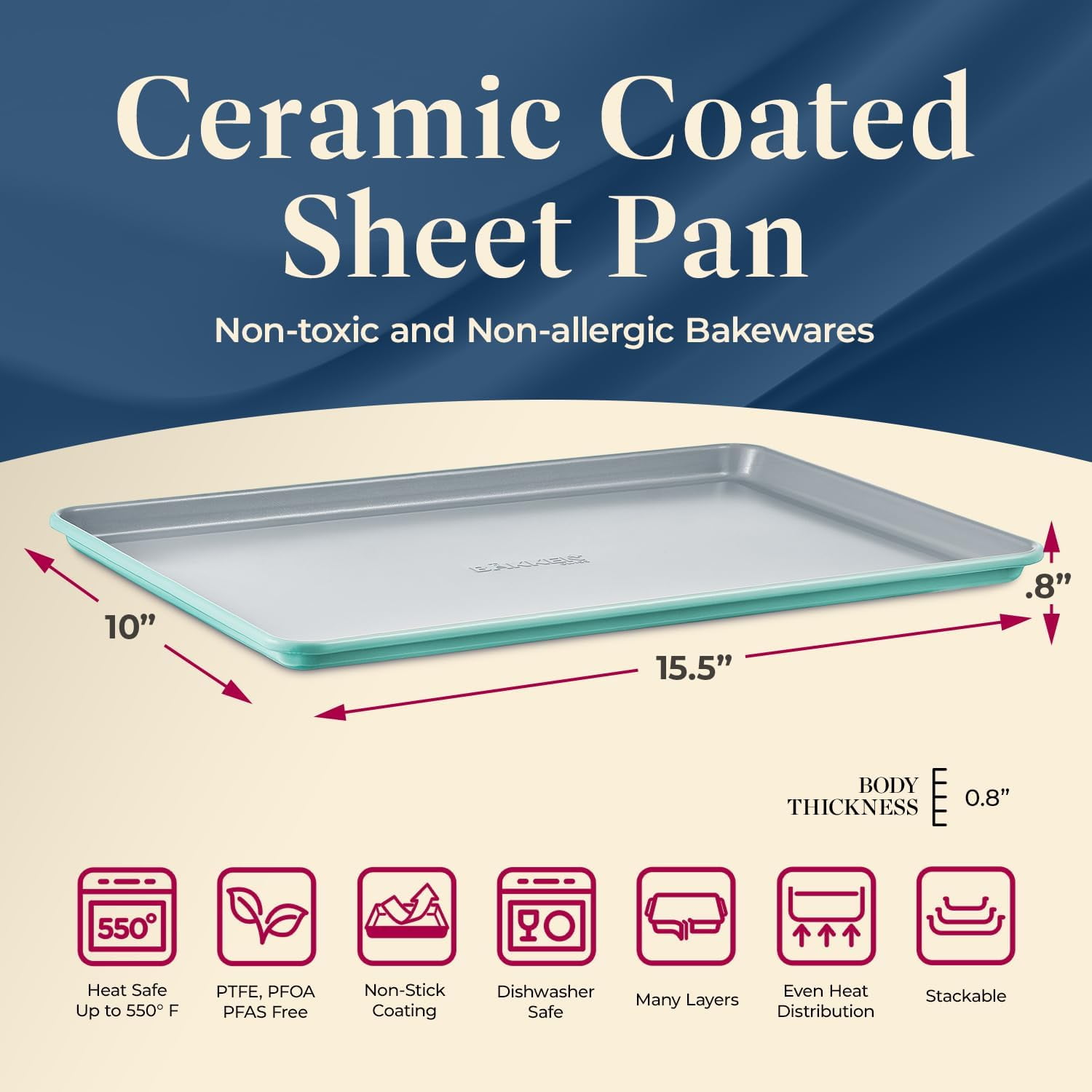 Premium Sheet Pan Set - Aluminized Steel with Ceramic Non-Stick, Heavy-Duty Bakeware for Cake, Bread - Even Heat Distribution - KFCC Premium Ceramic Inside, Colored Outside - Oven-Safe - Teal