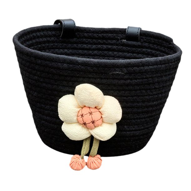 Cesta de bicicleta universal de cuerda suave para niños con juguete de flor de peluche, accesorio de ciclismo, se adapta a manillares de 2 a 5 cm para Negro