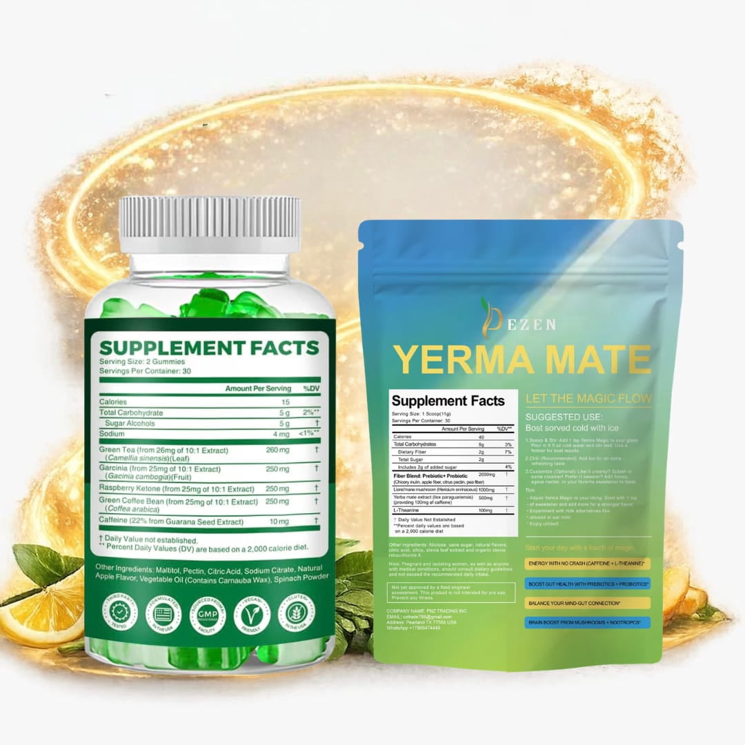 Yerba Mate Drink Mix Powder (Peach Mango) + Green Tea Gummies (Apple) Combo Pack, Energy, Focus & Wellness Support, 30 Servings