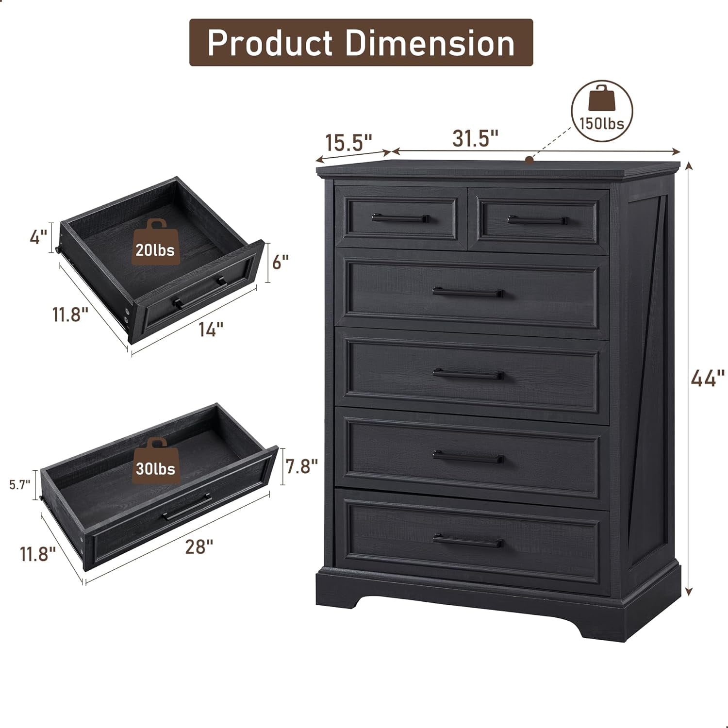 ACCOHOHO 6 Drawer Dresser for Bedroom, Farmhouse 46" High Wooden Country Style Drawer Chest, Wide Metal Handle Pull-out Storage Cabinet, Black
