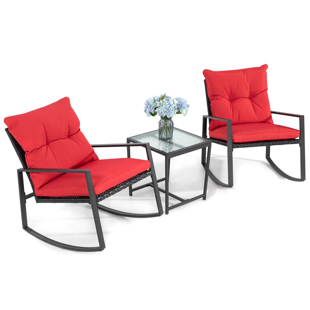 Jamfly 3 Pieces Red Outdoor Rattan Wicker Chair with Metal Frame & Red