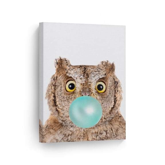 Smile Art Design Portrait of Eurasian Scops Owl Chewing Teal Blue Bubble Gum Canvas Wall Art Print African Safari Animal Pop Art Office Living Room Bedroom Kids Baby Nursery Room Decor - 12x8