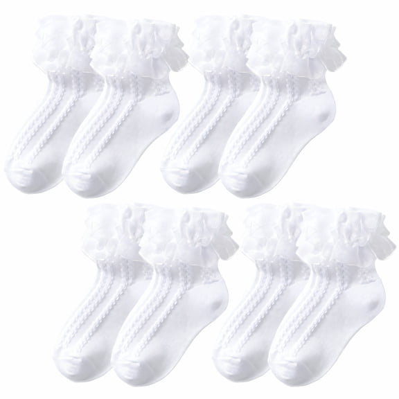AUQ 4Pcs Kids Socks,Comfortable Breathable Fabric Girls Socks,Charming Lace Design Cute Socks,White