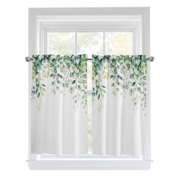 Eucalyptus Leaves Tier Curtains 45 Inches Long, Spring Summer Watercolor Botanical Window Treatment Curtain Drapes, Window Half Privacy Curtains for Bedroom Bathroom, 42"x45", 2 Panels