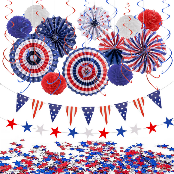 HUASHENG A Set Of Red Blue And White Paper Fans Triangular Flags And Five Pointed And Scraps Of Paper For The Independence Day Celebration In The States