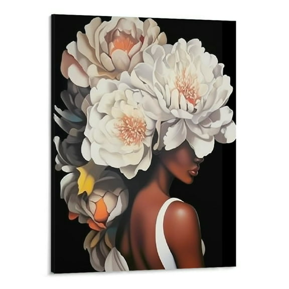 JRXY African American Wall Art White Flower on Black Women Head Vintage Canvas Art Paintings Modern Abstract Girl Picture Home Wall Decor for Bedroom  Framed Ready to Hang 16x20in