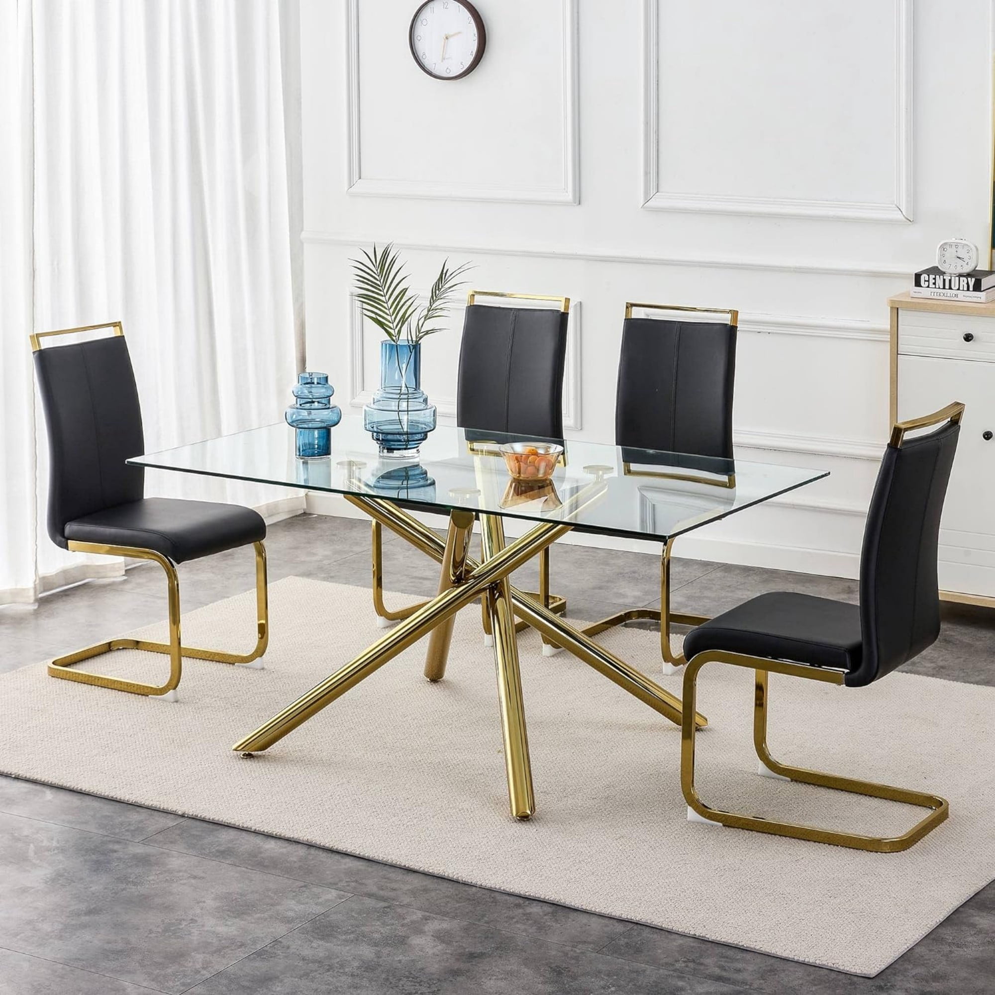 SUDICA Dining Chairs Set of 4, High Back PU Leather Side Chairs with Gold Metal Legs, Black