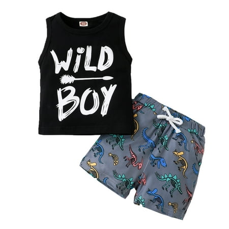 

KIMI BEAR Infant Boys Outfits 18 Months Infant Boy Spring Summer Outfits 24 Months Infant Boy Wild Boy Letter Prints Sleeveless Tank + Dinosaur Prints Elastic Walkhorts 2PCS Set Black