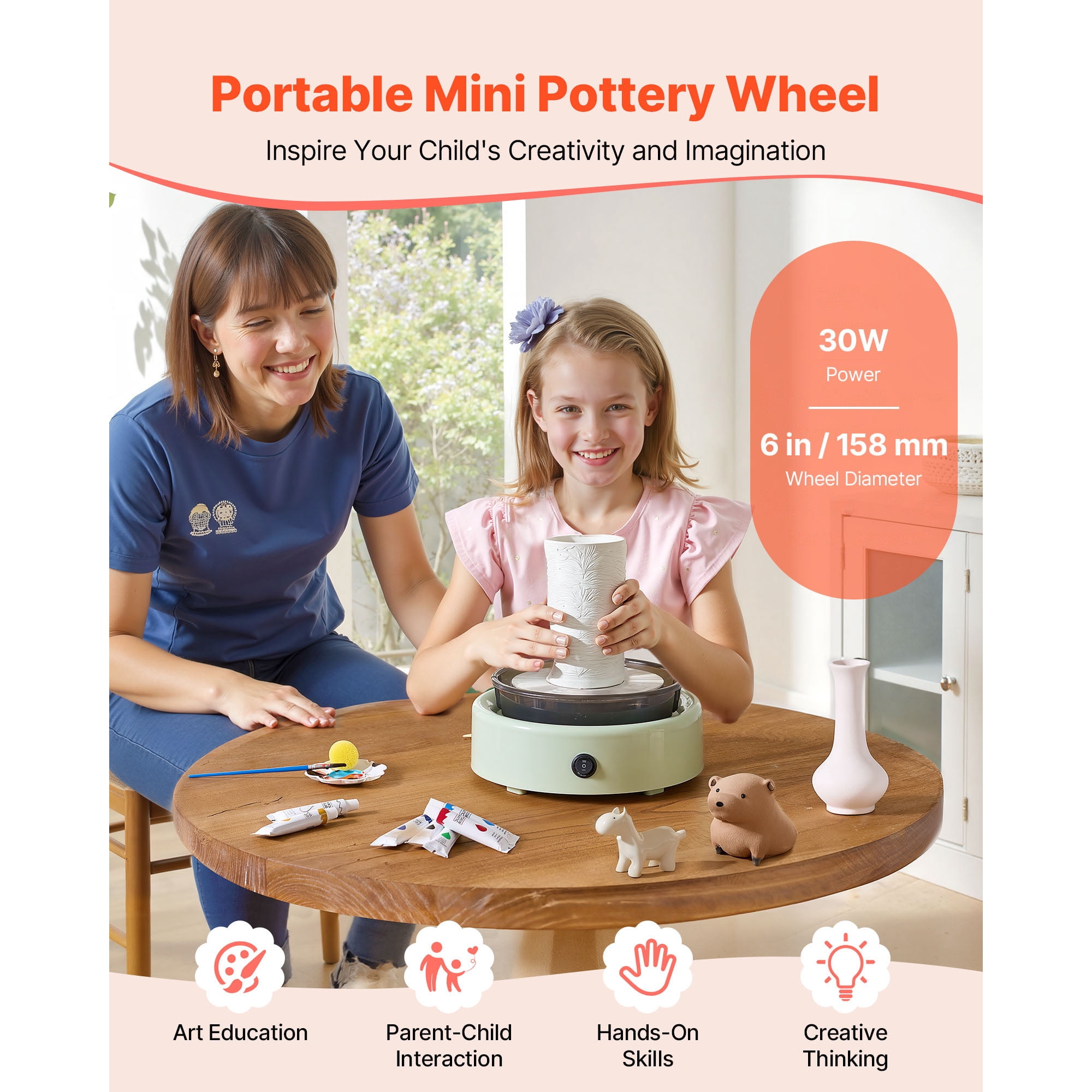 KFFKFF Mini Pottery Wheel with 6-Inch Turntable, Adjustable Speed, Forward and Reverse Rotation, Electric Clay Wheel for Beginners and Kids, Includes Shaping Tools, Ideal for DIY Projects and Pottery
