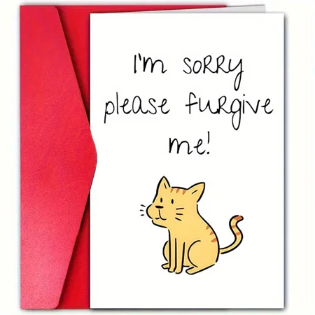 Cute Cat Apology Card – "I'm Sorry Please Furgive Me!" – Colorful Art Design – Includes Red Envelope – Perfect for Expressing Regret and Seeking Forgiveness