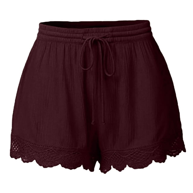 Timegard Plus Size Shorts for Women Elastic Waist Drawstring Lace Loose Summer Beach Casual Shorts