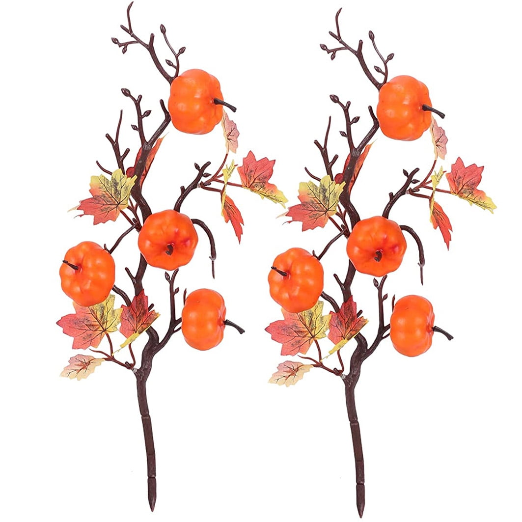 2 Pcs Artificial Pumpkin Branches, Artificial Maple Leaf Pumpkin Picks, Pumpkin Fall Stems for Vases, Fake Pumpkin Twig Stem Flower Autumn Floral Picks Halloween Thanksgiving Festival Decor