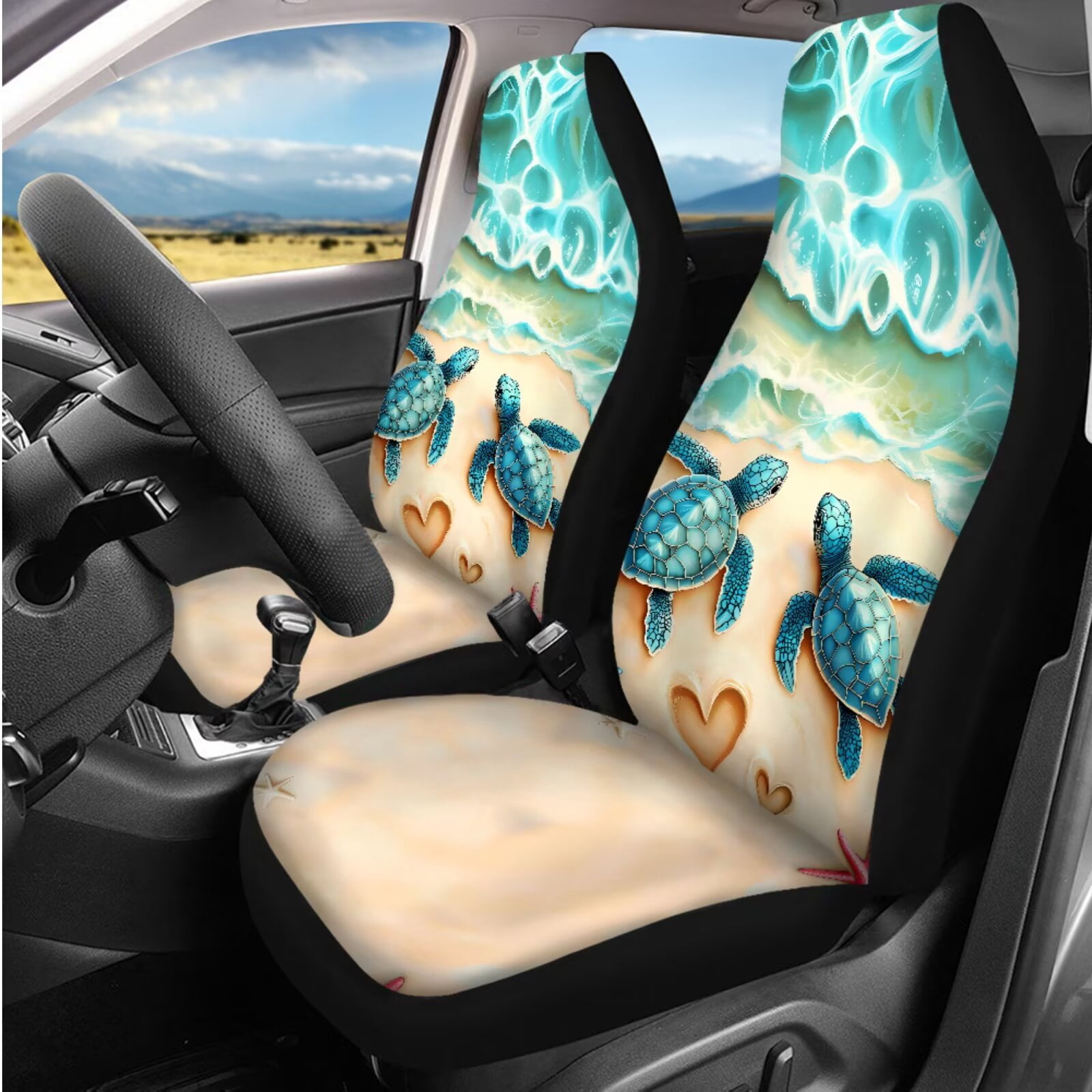 Uorisanigo Beach Turtle 14 Pack Car Seat Covers Sets Steering Wheel Cover and Center Console Cover Car Headrest Cover Auto Seat Belt Cover Water Cup Pad Keychain Soft Personalized Fit Car SUV