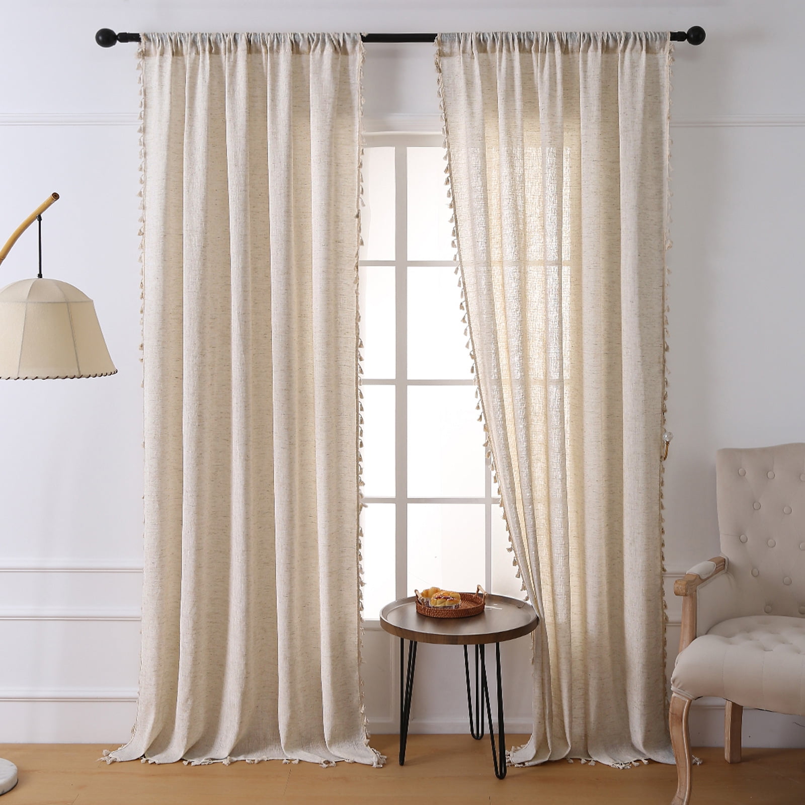 AIGIA Home Boho Curtains Natural Linen Chic Semi Blackout Bohemian Handmade Tassels Rod Pocket for Living Room 1 Panel
