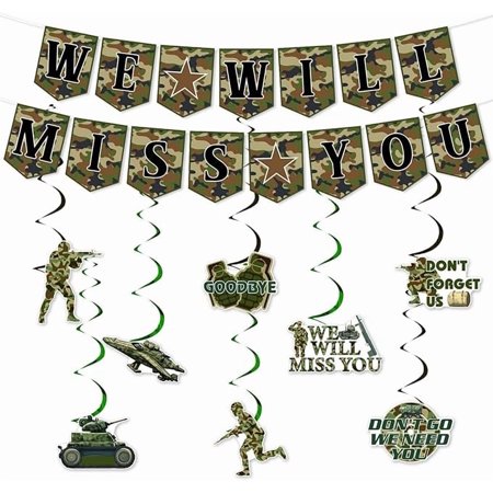 Military Going Away Party Decor Army We Will Miss You Banner Camo Garlands Camouflage Hanging Swirls Military Navies Air Force Retirement Welcome Home Decor for 4th of July Veterans Day