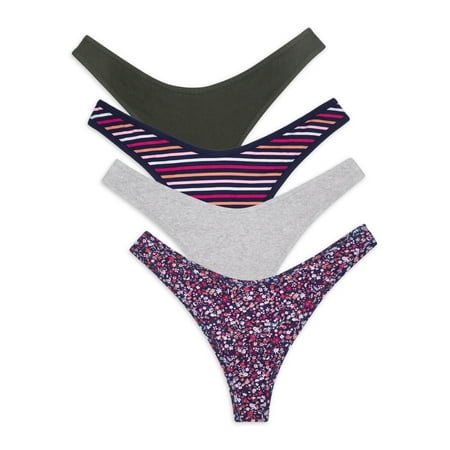 No Boundaries Print Striped Solid High Cut Thong Stretchy Panty (Women s or Juniors) 4 Pack