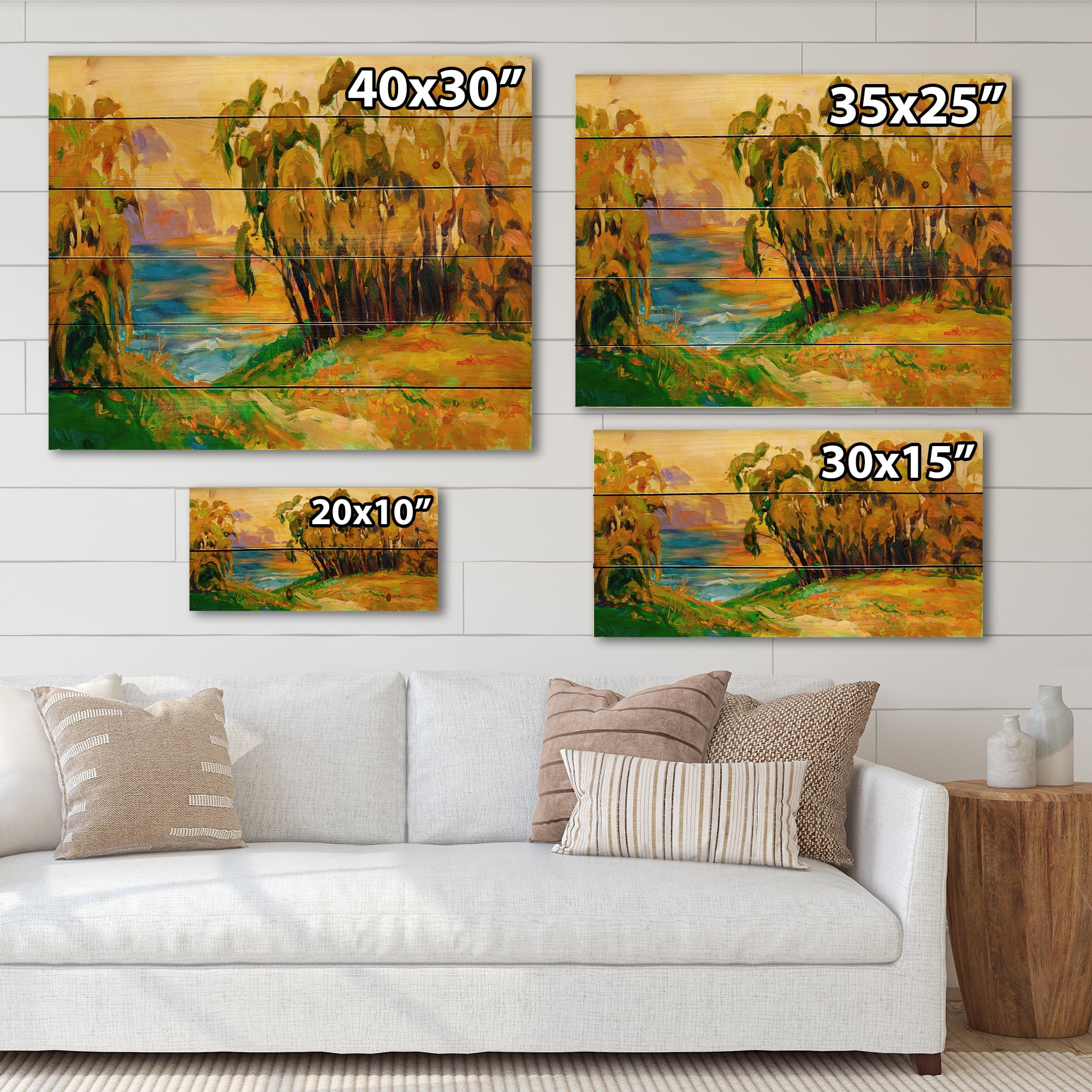 Designart 'Brown Trees By The Riverside During Evenign Glow' Traditional Print on Natural Pine Wood