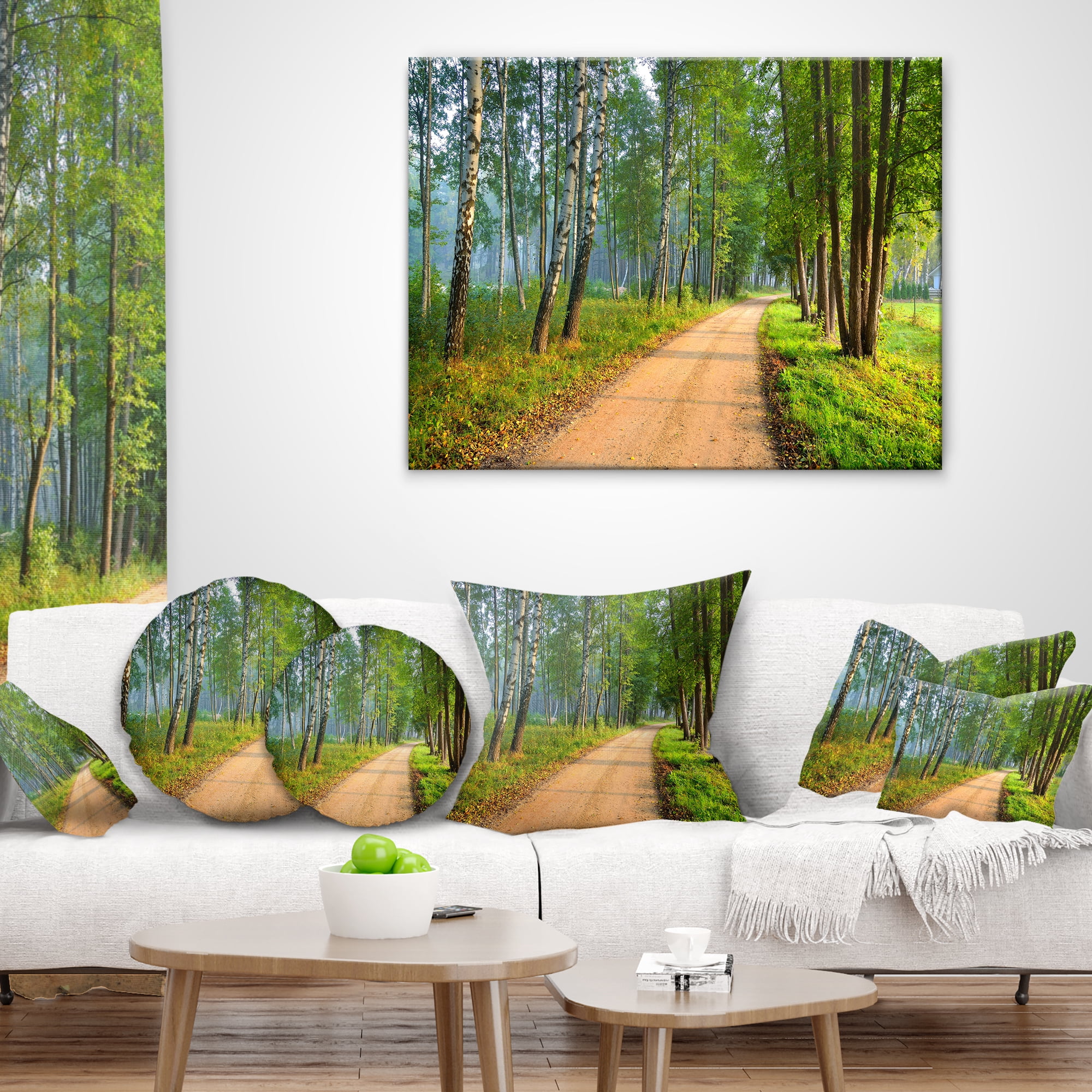 Designart Road in Green Morning Forest - Landscape Photo Throw Pillow - 16x16