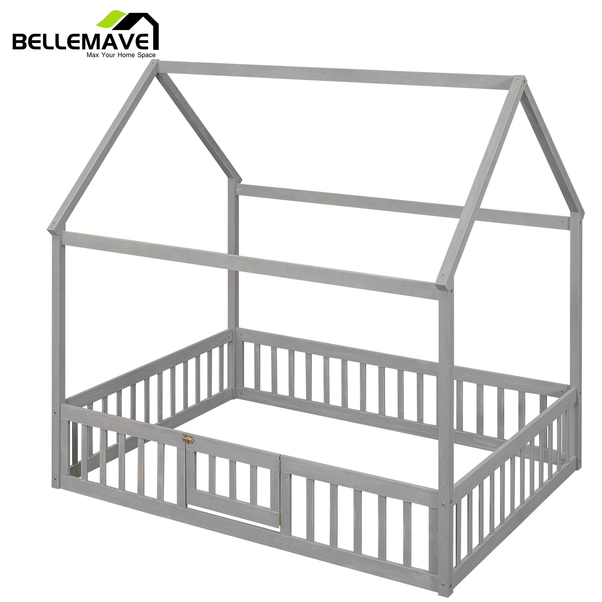 Full Size Montessori Bed, Full House Beds with Fence and Door, Floor Bed Full with Rails (Gray)