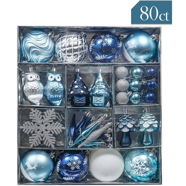 Valery Madelyn 80ct Winter Wishes Silver and Blue Christmas Ball Ornaments Decor, Shatterproof Assorted Christmas Tree Ornaments, Christmas Value Pack