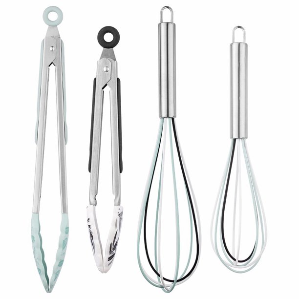 Cook with Color Whisks & Tongs Kitchenware with Silicone Grips, Set of 4