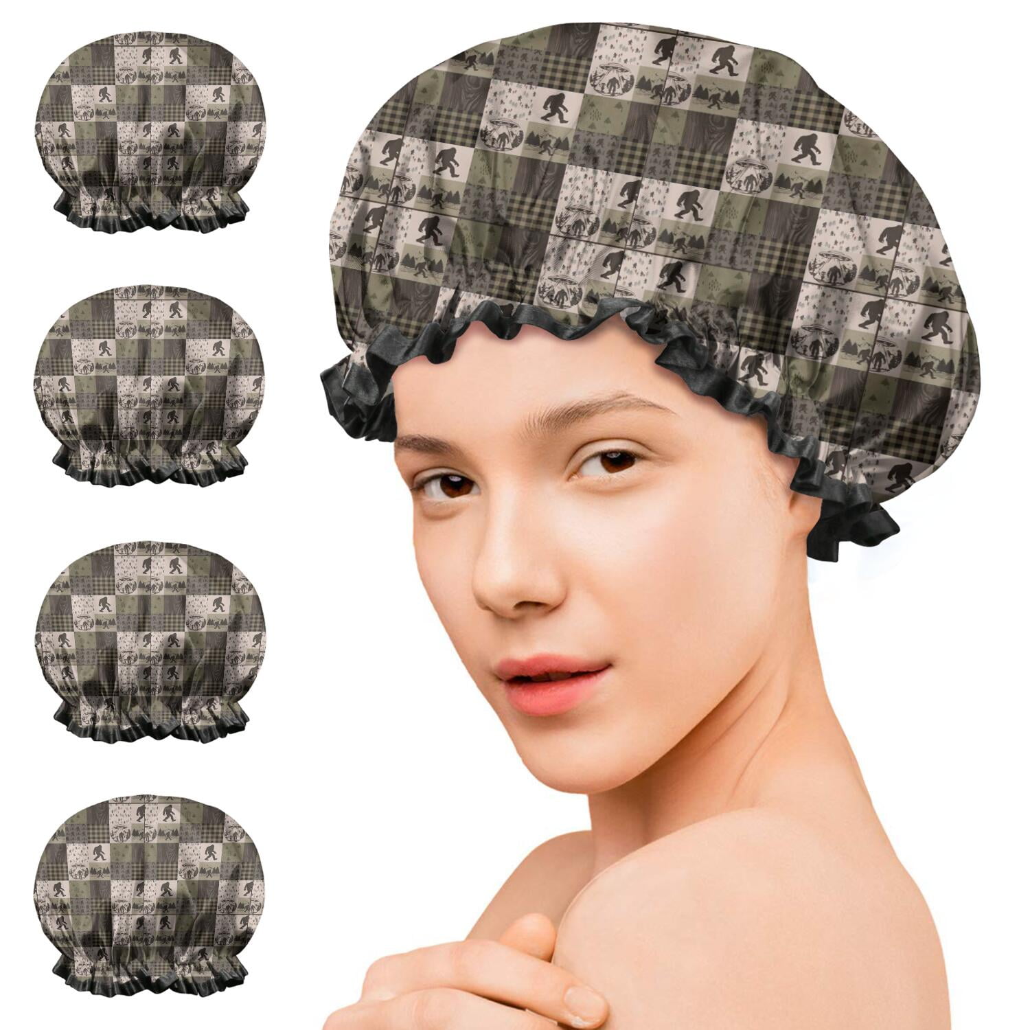 Shower Caps,Multicolor Bigfoot and Camping Pattern Waterproof Shower Cap for Women 4 Pieces,Double Reusable Hair Cover for Shower PEVA Elastic Stretch Hem