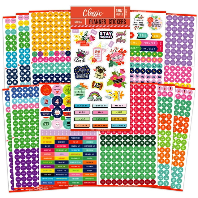 Pegatinas Del Planificador Mirida: 1867 Iconos Diarios Y Pegatinas Inspiradoras Para Adultos, Paquete Clásico De Calendario Para Trabajo Y Vacaciones Con Presupuesto Limitado