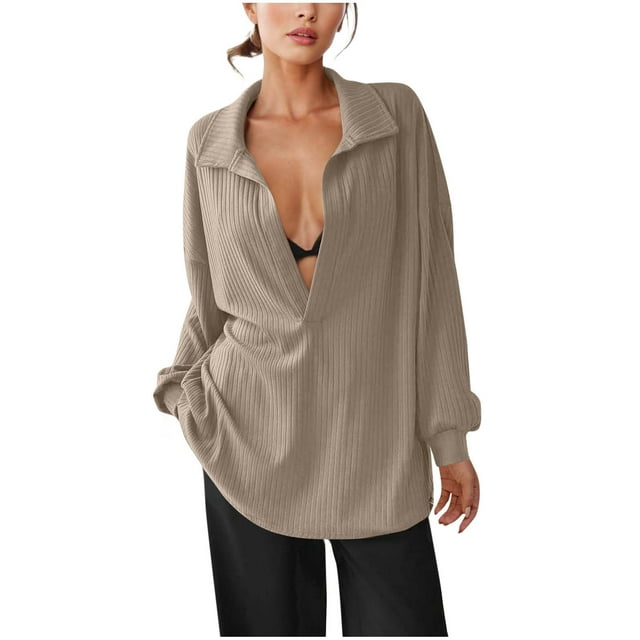 HongQid Womens Oversized Deep V Neck Sweatshirts Casual Collared Long Sleeve Ribbed Knit Pullover Tops