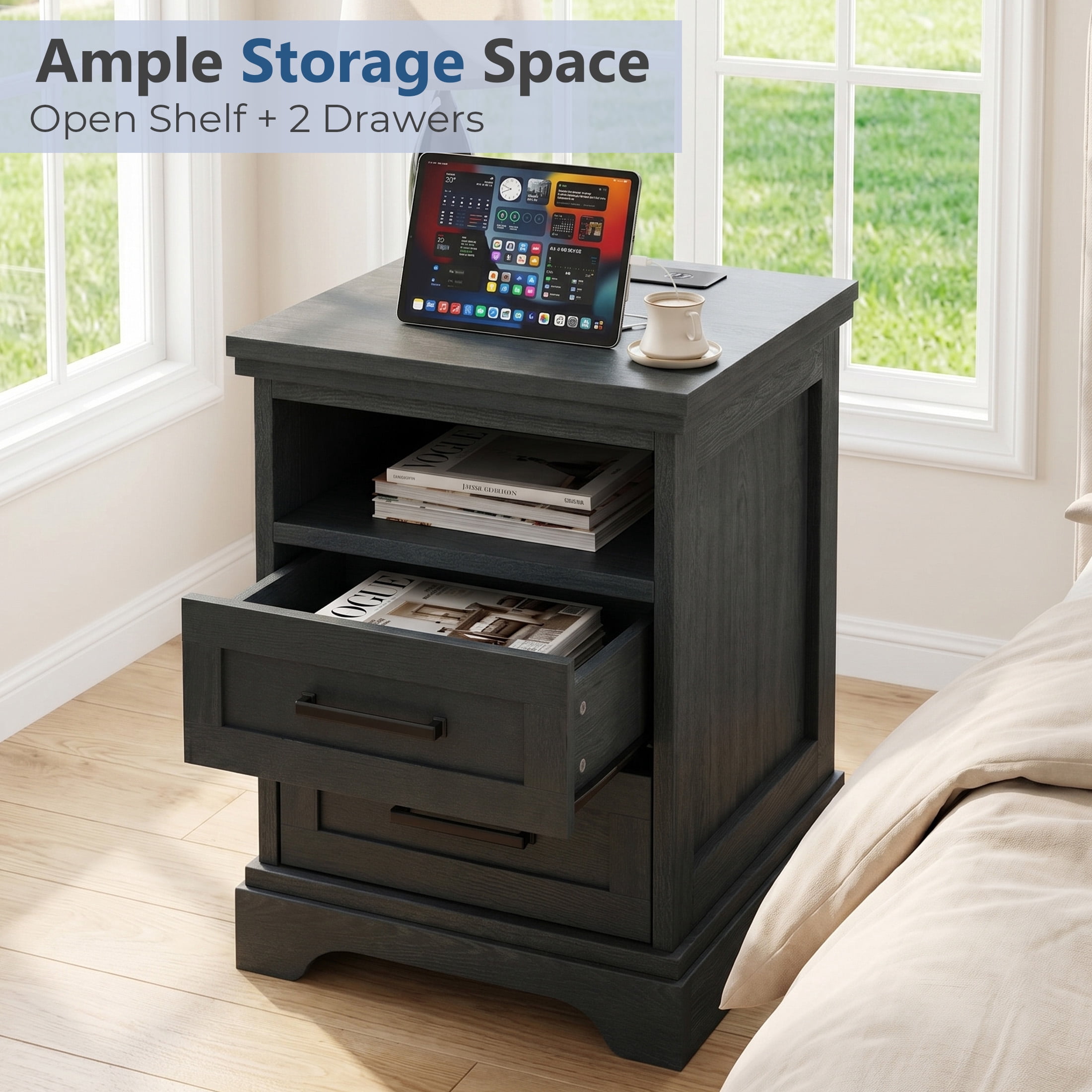 EDX 2 Drawers 24" Wood Nightstand with Drawers and Charging Station, Bedside Table for Bedroom or Living Room, Black