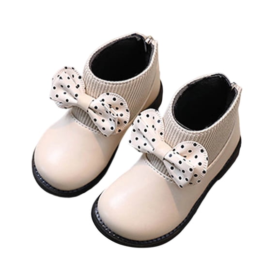 Beige Soft Sole Leather Boots With Bow And Polka Dot Design For Girls, Comfortable Round Toe, Warm Lined