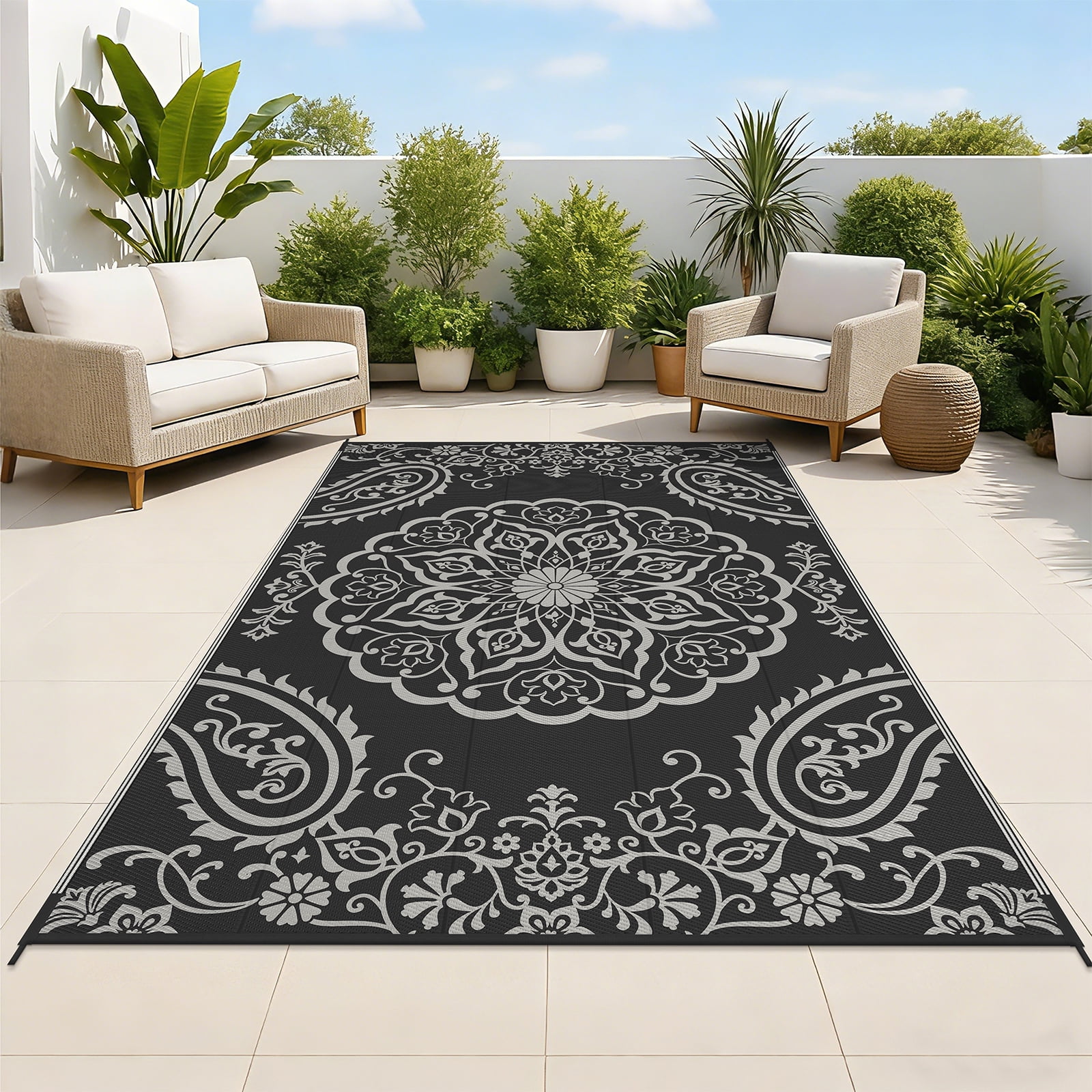 MeyJey 6'x9' Outdoor Rugs for Patio, Patio Rug Waterproof RV Mats, Plastic Straw Camping Area Rug for Indoor Porch Balcony Beach Mat, Black/Grey