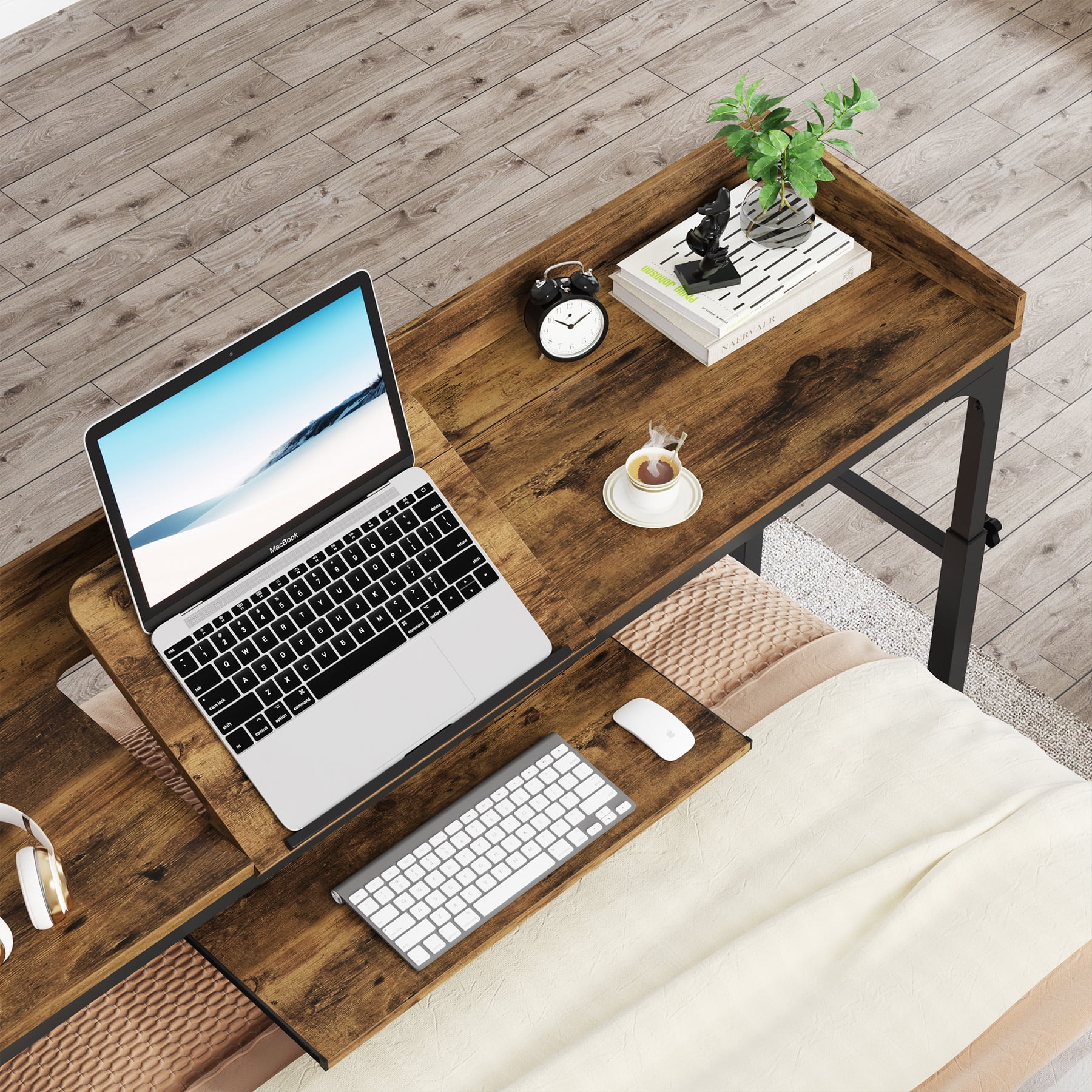 Fnova Overbed Table with Wheels, Height Adjustable Rolling Desk with Power Outlets & USB Ports, Tiltable Stand, for Queen Bed, Laptop Computer, Portable Hospital Home Use