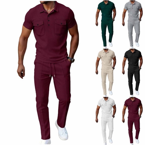HBGVBA Men Casual 2 Piece Set Solid Color Loose Elastic Waist Long Pants Half Button Lapel 2 Pocket Short Sleeve Top Outfit