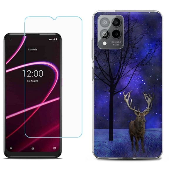 Slim-Fit Gel TPU Phone Case for T-Mobile Revvl 6 Pro 5G, with Tempered Glass Screen Protector, by OneToughShield ® - Midnight Deer