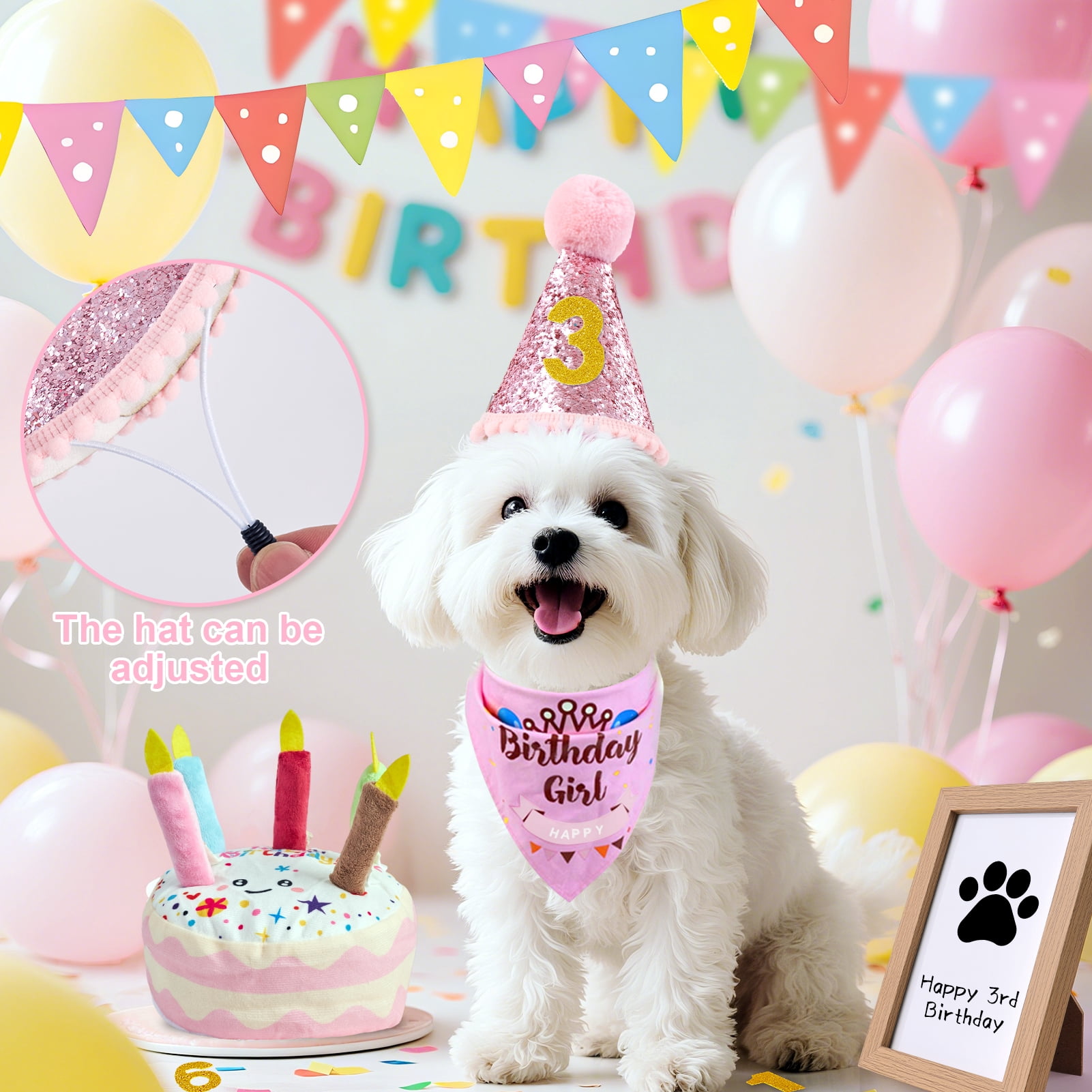 Easy Joy Dog Birthday Toy Set & Decorations for Dogs, Includes Squeaky Cake Toy, Plush Bones, Birthday Hats, Bandana, Paw Print Kit & Photo Frame. Dog Birthday Gift Supplies, Pink