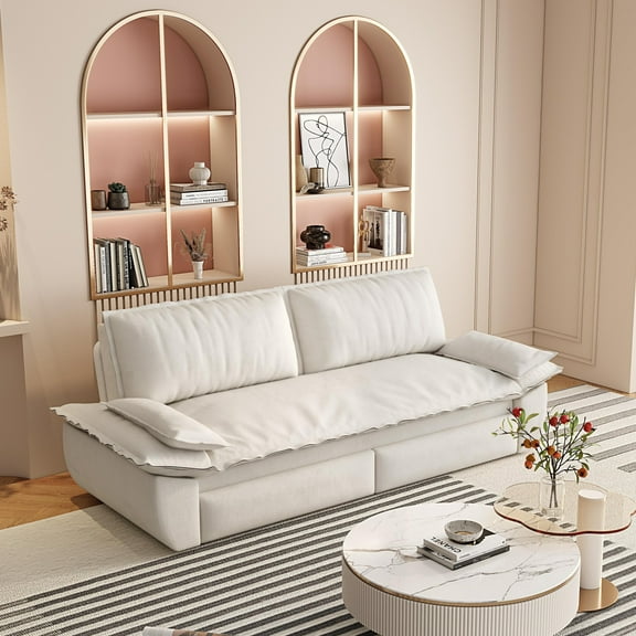 73.2" Queen Size Sleeper Sofa Bed, 3 in 1 Convertible Pull Out Couch, Velvet Loveseat Sofa, Futon Couch Bed with Pillow for Apartment, Bedroom, Living Room, Small Space, Beige