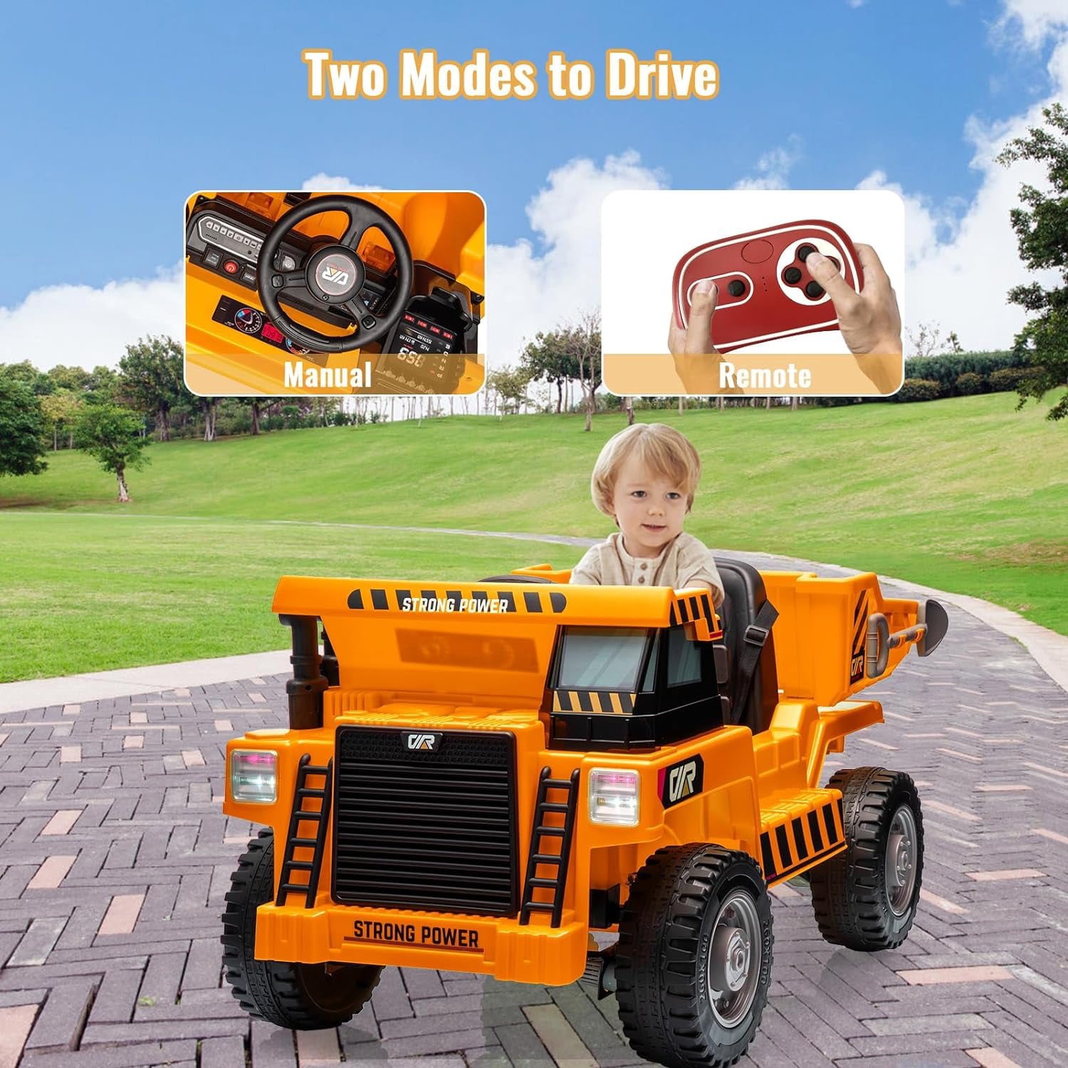 EastVita Ride on Dump Truck, Ride On Car with Remote Control, 12V Kids Electric Car with Remote Control, Ride on Construction Vehicles with Electric Dump Bed and Extra Shovel, Music Player