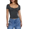 thumbnail image 3 of Women T-shirt, Low-cut Short Sleeve Pleated Solid Slim Fit Summer Tops for Casual Daily, 3 of 10