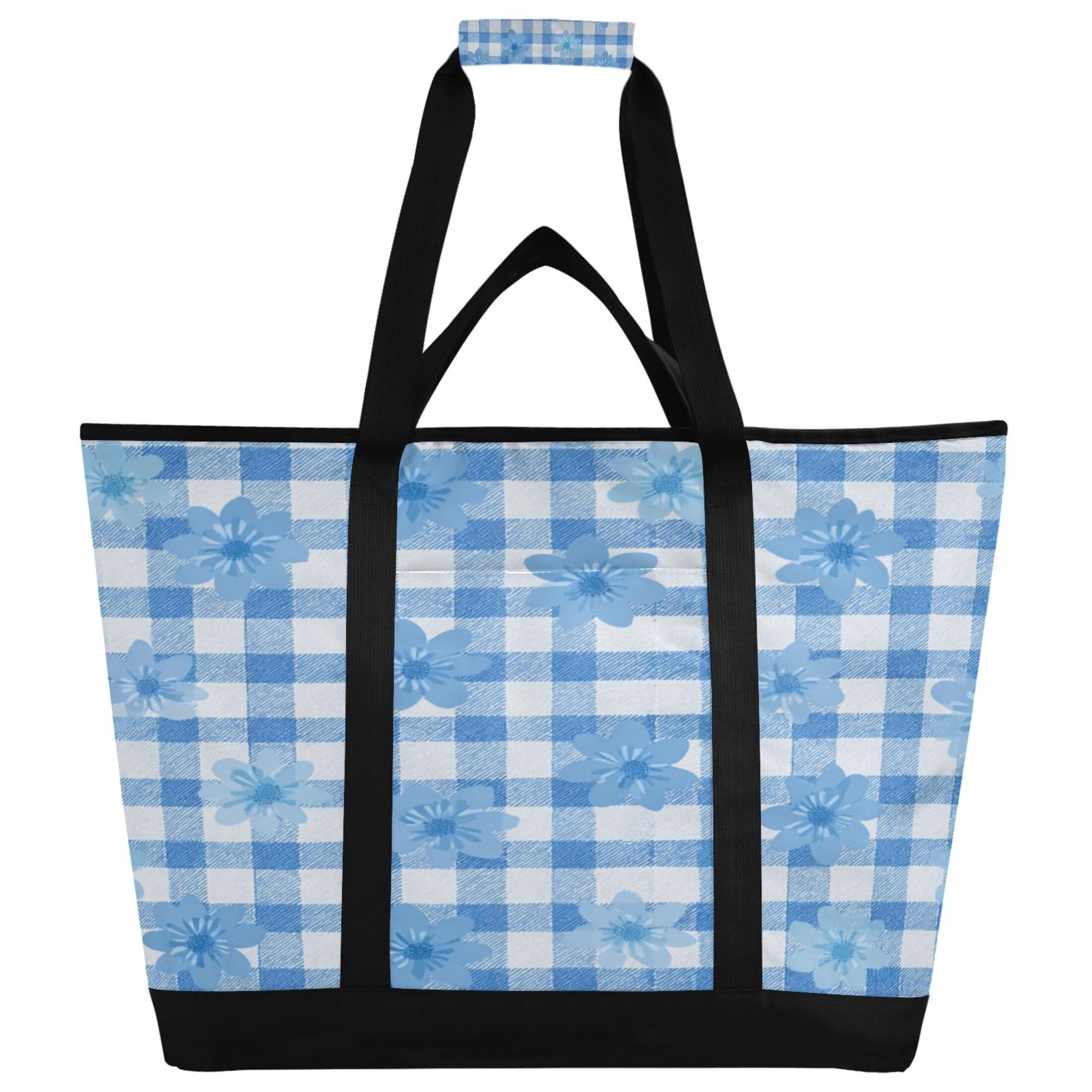 Extra-Large Wide Opening Design Capacity Hand-Held Ice Pack Thickened Insulation Layer For Long-Lasting Cold Retention For Outdoor Shopping Picnics And Camping Fresh Blue Gingham Floral Design