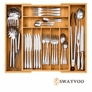 Swayvoo Bamboo Silverware Organizer, 9-Slot Expandable Kitchen Drawer Organizer, Utensil Holder & Cutlery Tray with Grooved Dividers, Knife Storage, Flatware, Office & Desk (Natural)