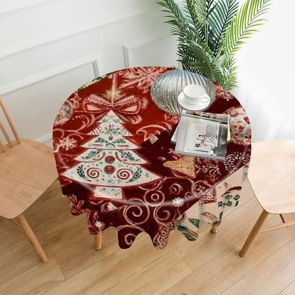 RKSupls 60 Inch Round Tablecloth, Christmas Ornaments Patchwork Premium Polyester Straight Edge Wrinkle Resistant Washable Table Cover for Party Home Dining Decor