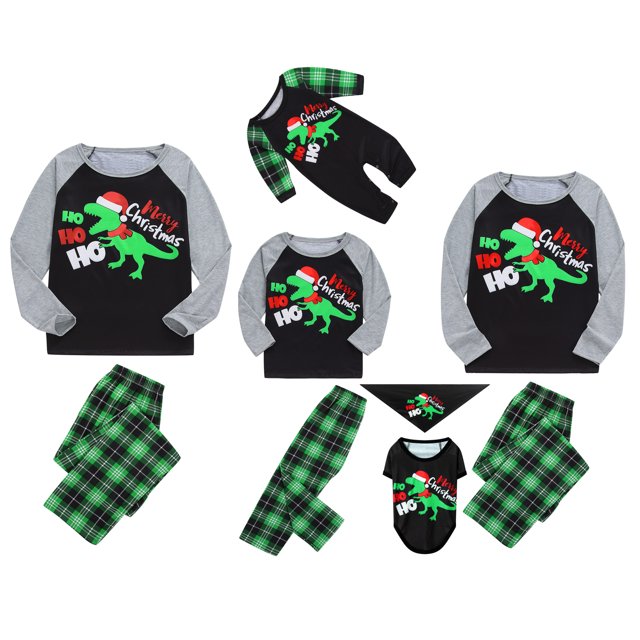 Conjunto de pijamas familiares a juego: tops de manga larga con cuello redondo, pantalones a cuadros y monos con botones en la entrepierna.
