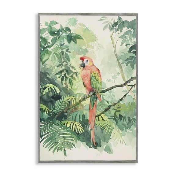 Stupell Industries Pink Parrot in Jungle Animals Painting Gray Framed Art Print Wall Art, 12 x 18
