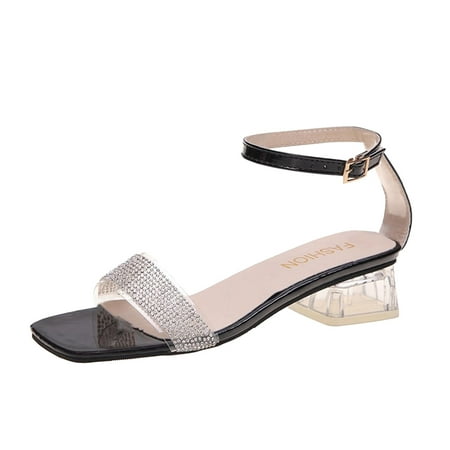 

Youmylove Women Fashion Transparent PVC Rhinestone Decorative Square Toe Open Toe Thick Heel Sandals Summer Comfy Daily Simple Walking Footwears