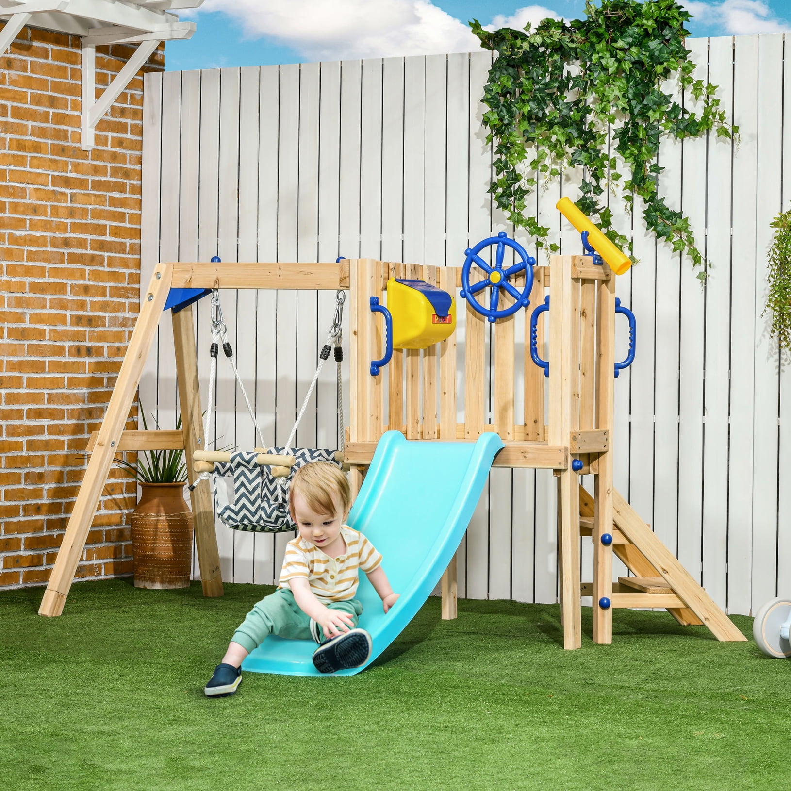 3-in-1 Wooden Swing Set for Backyard Outdoor Playset with Baby Swing Seat Toddler Slide Captain s Wheel and Telescope 220LBS Kids Toddlers Playground for Ages 1.5-4 Natural