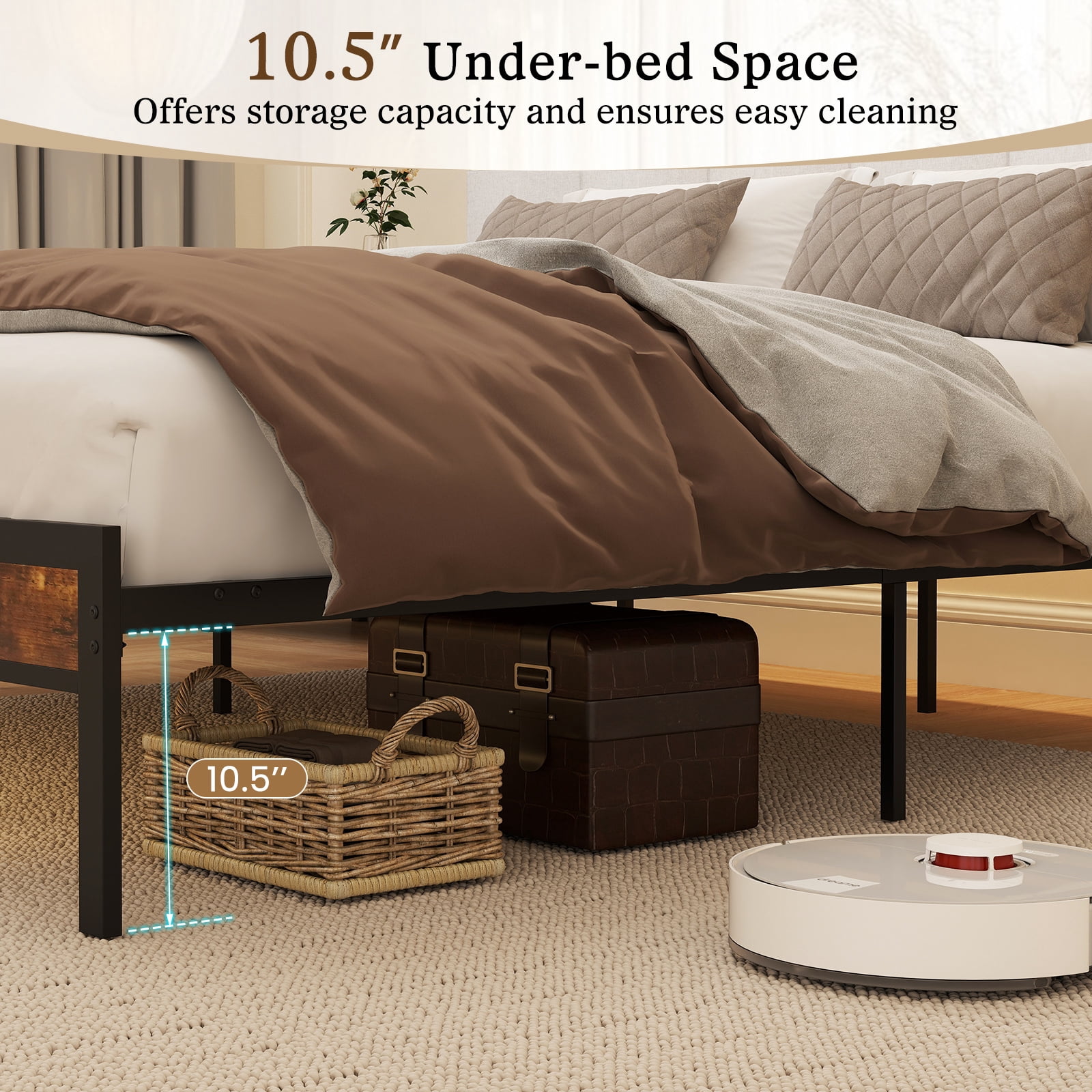Topbuy King Size Bed Frame w/Charging Station Metal Platform Bed w/ Upholstered Headboard