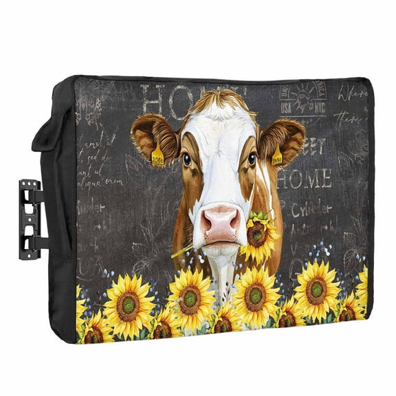 Outdoor TV Cover 80 to 85 Inches, Sunflower Cow Plant Farm Flower Black Background Waterproof and Weatherproof TV Cover with Remote Control Pocket, Flat Screen TV Cover Protector for Outside TV