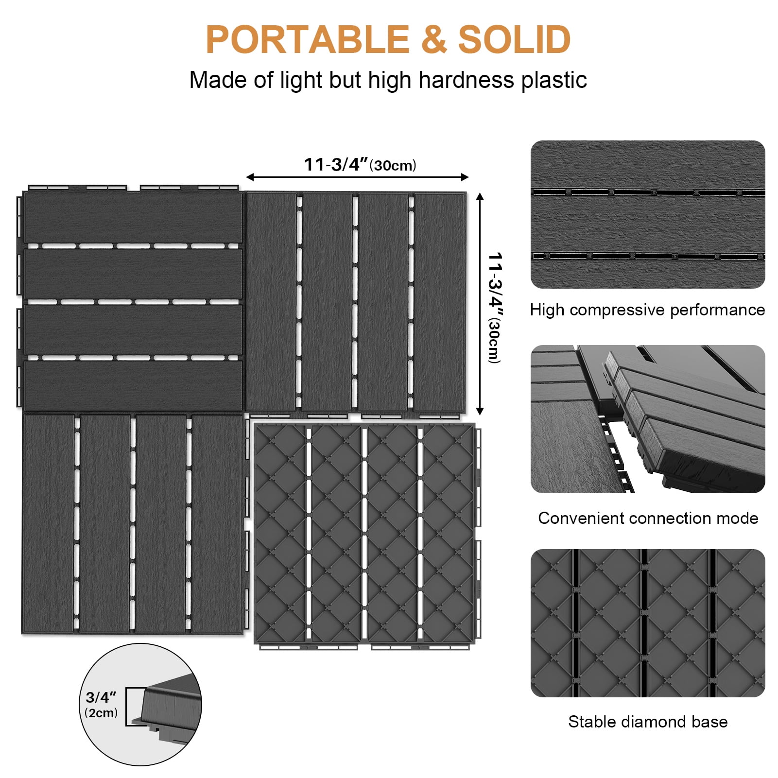Interlocking Outdoor Patio Tiles Waterproof Dark Grey 36 Pack Plastic ...