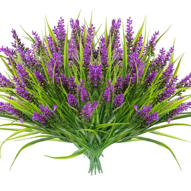 Homwamee 12 Paquetes de Lavanda Artificial, Plantas, Plantas Falsas de Exterior Césped de Primavera con Flores para Maceta Resistente a los Rayos UV Decoración de Jardín para Jardín Patio Macetero Co