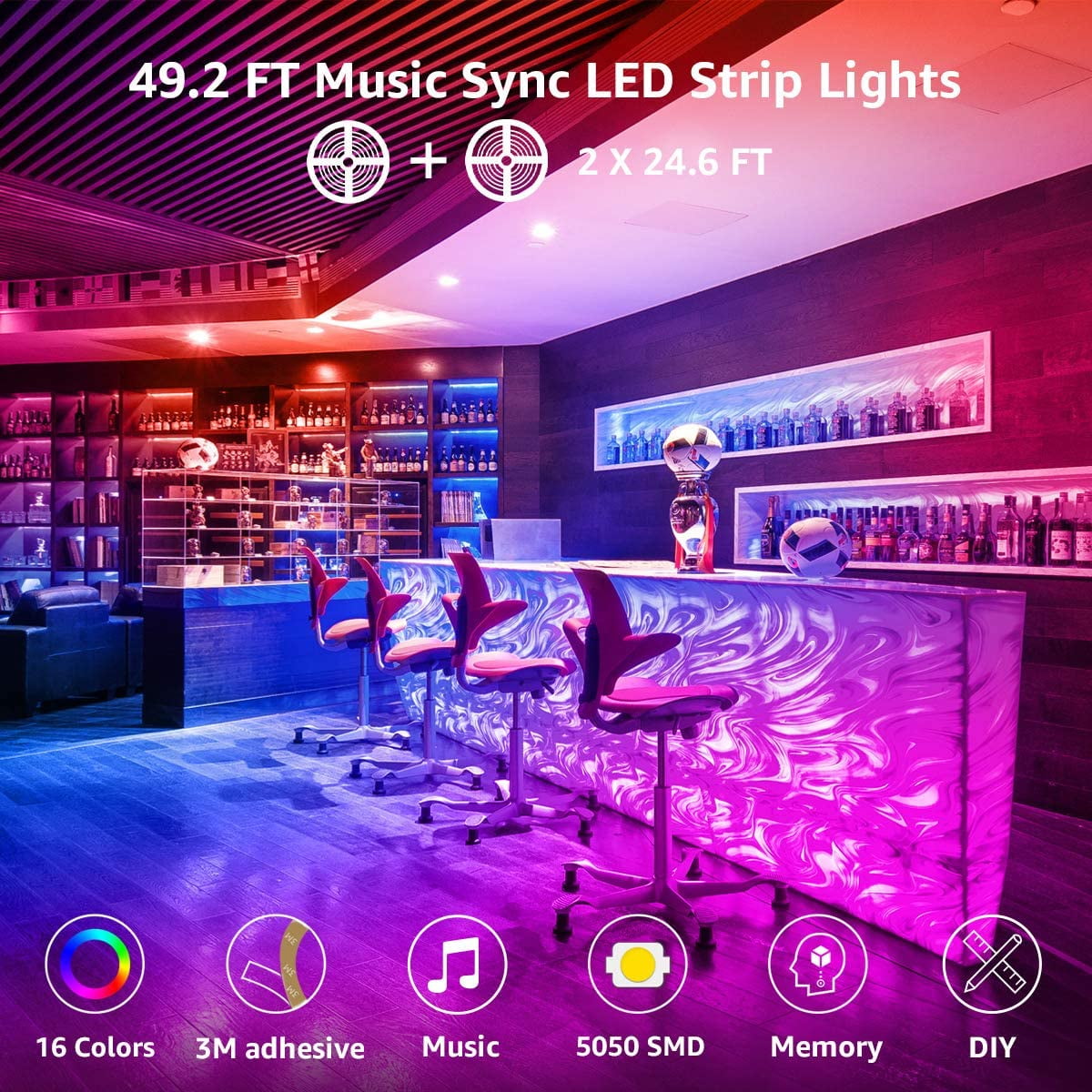 Lepro Music LED Strip Lights, 16.4ft RGB LED Strips with Remote 並行輸入品 : Lepro SE1 AI Smart LED Strip Lights - 49.2ft RGB Color
